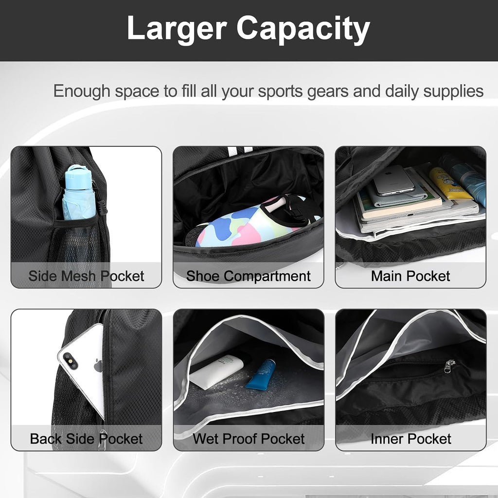 Hoedia Sports Drawstring Backpack - Swim Gym Bag for Women and Men