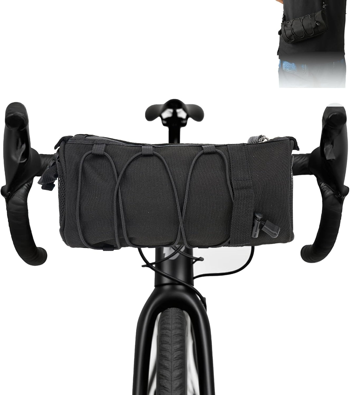 Bike Handlebar Bag for Bicycle, Nylon Cycling Front Bag with Side Pockets and Elastic Cord, Compact Storage Pouch for Commuting, Travel and Daily Riding