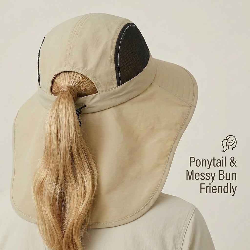 UV Sun Protection Hat Women Foldable Neck Flap Wide Brim Fishing Hat with Ponytail Hole for Women