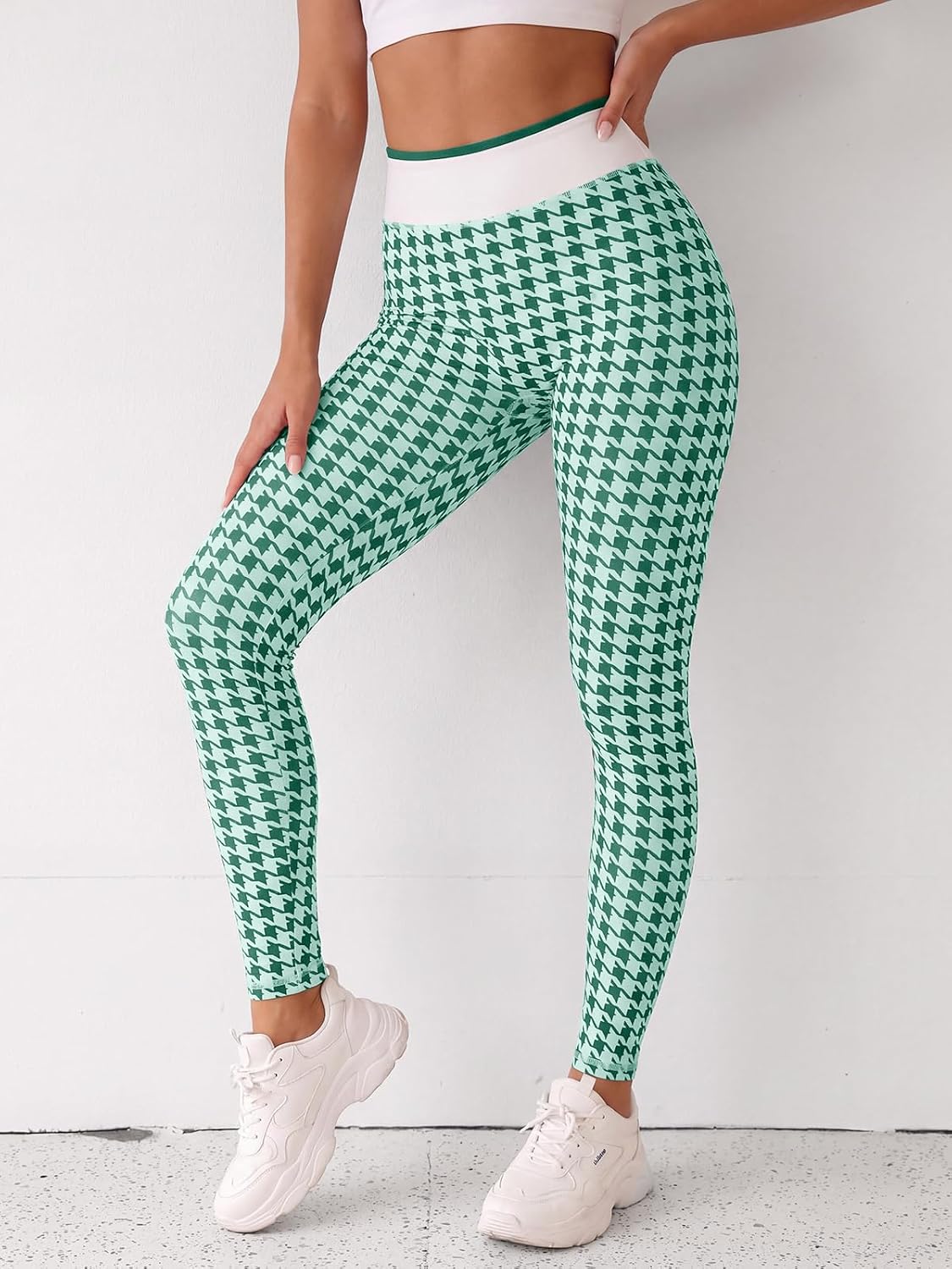 Aoysky Womens High Waist Houndstooth Leggings No Front Seam Yoga Pants