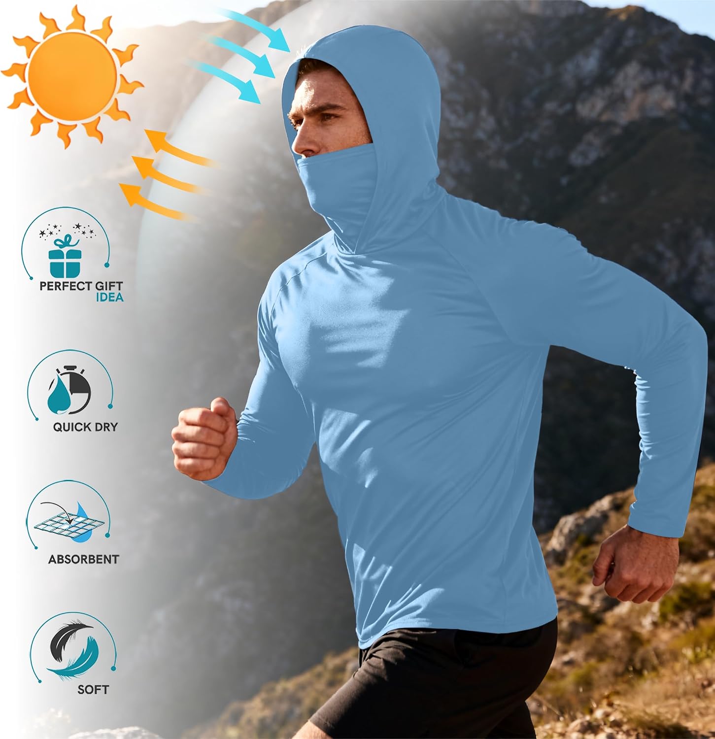 HovSiyla Mens Fishing Hoodie UV Sun Protection Shirts UPF Rash Guard Long Sleeve Shirts Hiking Performance Mesh Face Mask Top