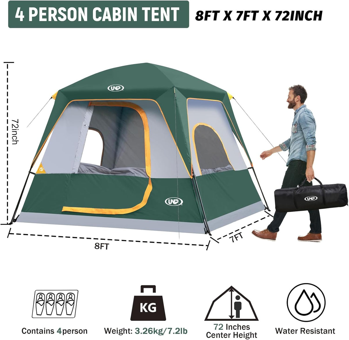 UNP 2/4/6/8 Person Tent, Portable Cabin Tent, Camping Tent 4-Person Easy Set Up, Waterproof with Top Rainfly for Outdoor Camping/Hiking