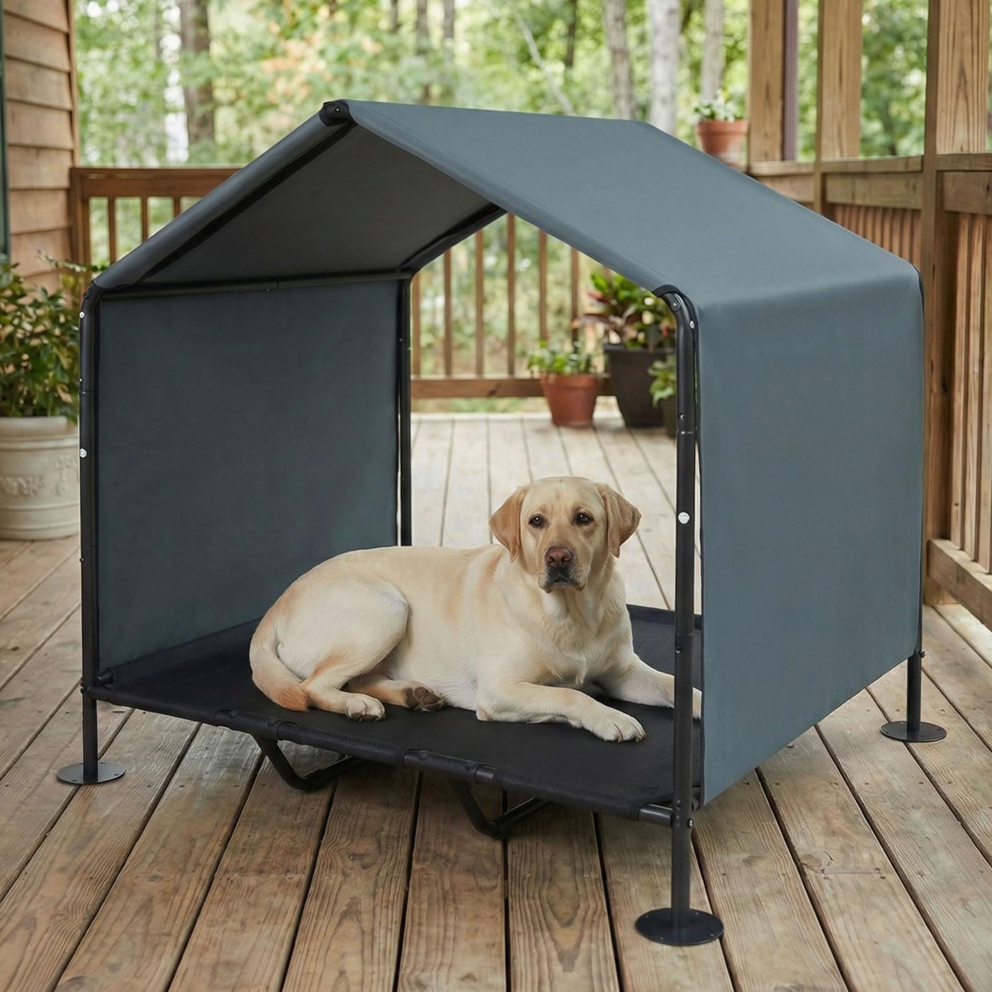 Large Dog Shade with Elevated Dog Bed, Waterproof Dog Tent with Back Cover