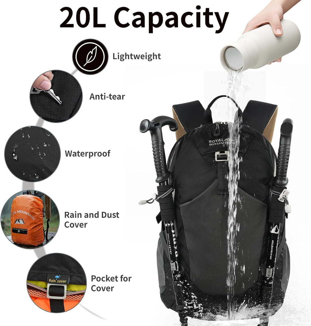 20L Hiking Backpack With Rain-Cover, Lightweight Packable Backpack For Women Men, Hiking Daypack Backpacks Fit For Camping, Sports, Daily Commuting, Short Trips (Black)