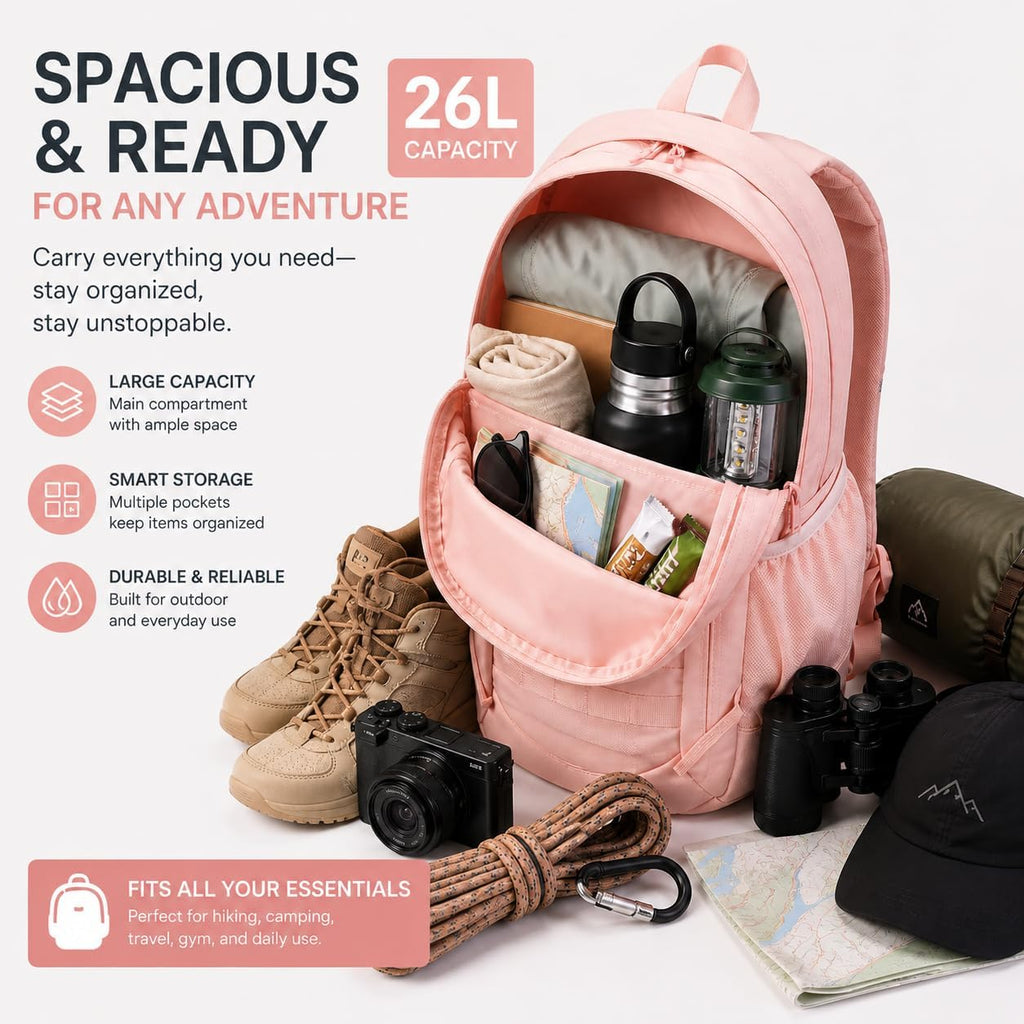 Hiking Travel Backpacks Men and Women, Lightweight Waterproof Laptop Backpack Outdoor Camping Backpack Hiking Daypack for Travel, Trekking, Work 26L (Pink)
