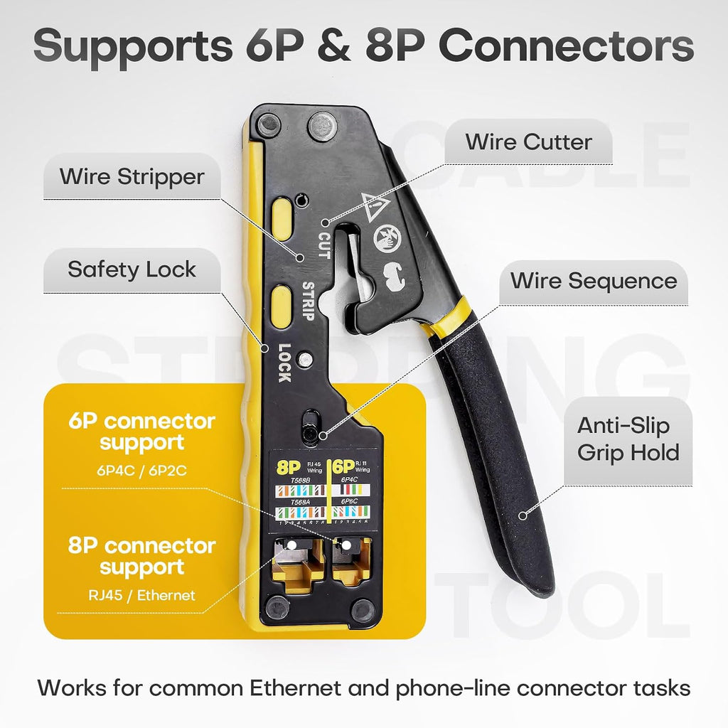 All-in-One RJ45 Crimp Tool Kit with Tester and Carrying Case, Pass Through Ethernet Crimper for Cat5 Cat5e Cat6, RJ11 RJ12 6P/8P, 50 Connectors and 50 Boots