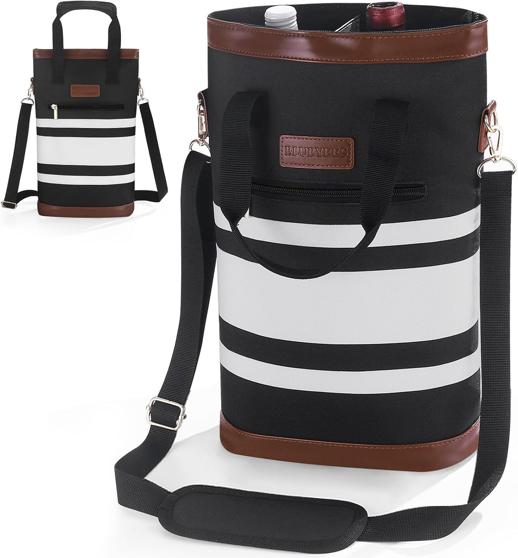 BLUBYEES 2-Bottle Insulated Wine Carrier Tote - Leakproof Padded 900D Oxford Cooler Bag for Travel, Picnics, Beach & Parties