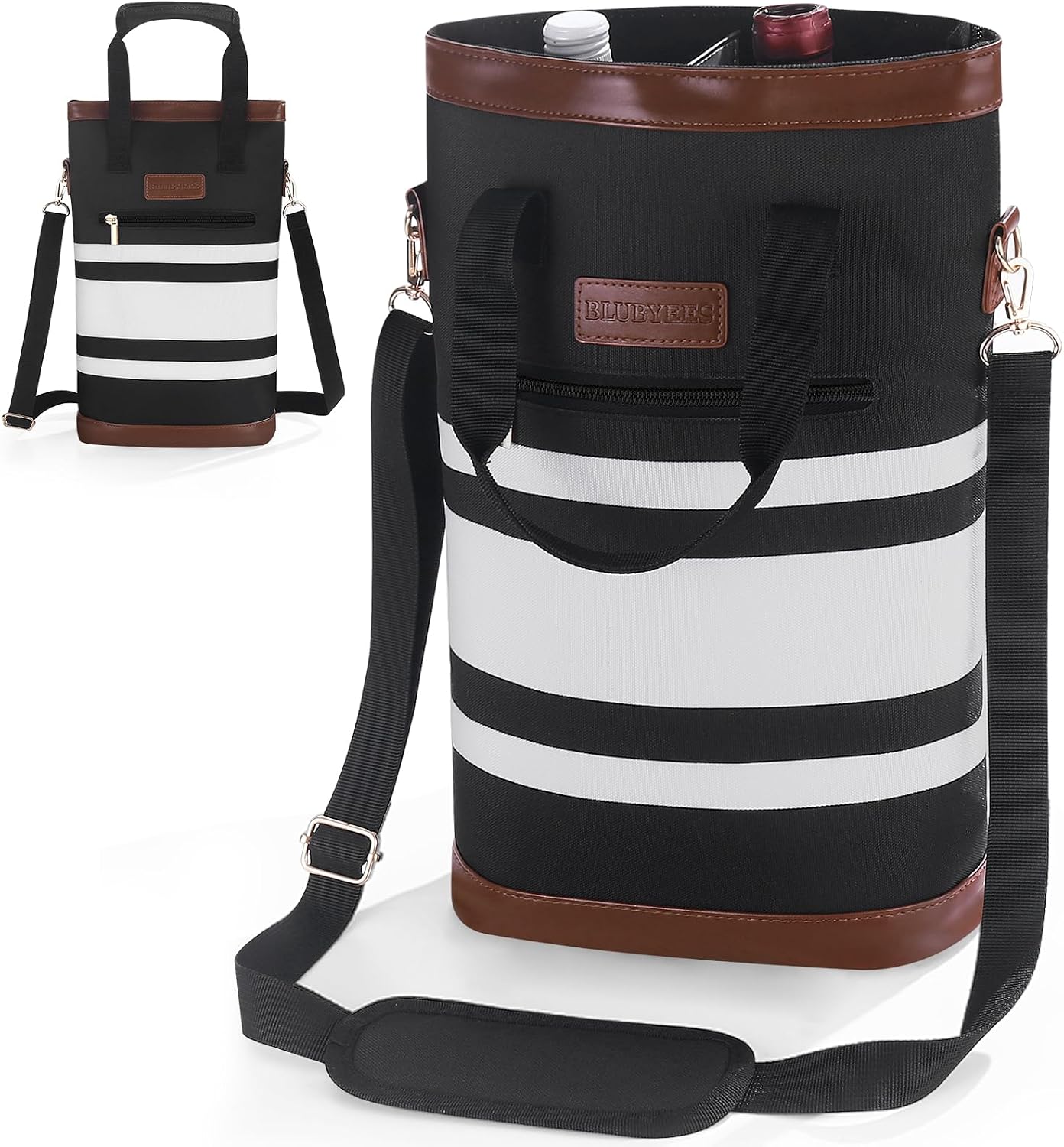 BLUBYEES 2-Bottle Insulated Wine Carrier Tote - Leakproof Padded 900D Oxford Cooler Bag for Travel, Picnics, Beach & Parties