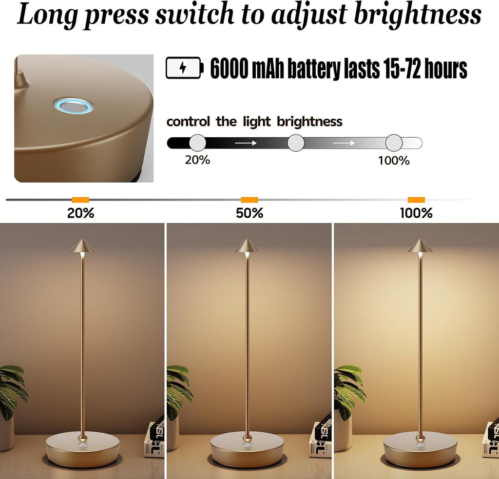 Rechargeable Cordless Table Lamp, Portable Powered LED Battery 6000mAh Metal USB Desk Lamp, 3 Levels Brightness Light for Restaurants Outdoor (Titanium)