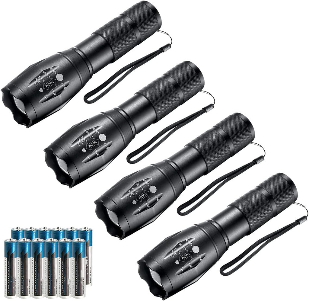 Whaply LED Flashlights,4pack Tactical Flashlight High Lumens Lights with 12Pack AAA Batteries Portable Waterproof Zoomable Flashlight with 5 Mode for Camping/Outdoor/Emergency(Black-4pack)