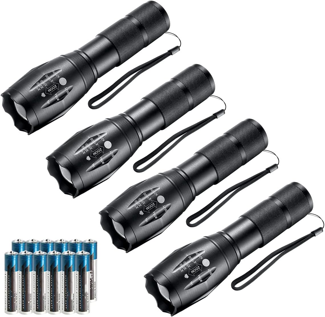 Whaply LED Flashlights,4pack Tactical Flashlight High Lumens Lights with 12Pack AAA Batteries Portable Waterproof Zoomable Flashlight with 5 Mode for Camping/Outdoor/Emergency(Black-4pack)