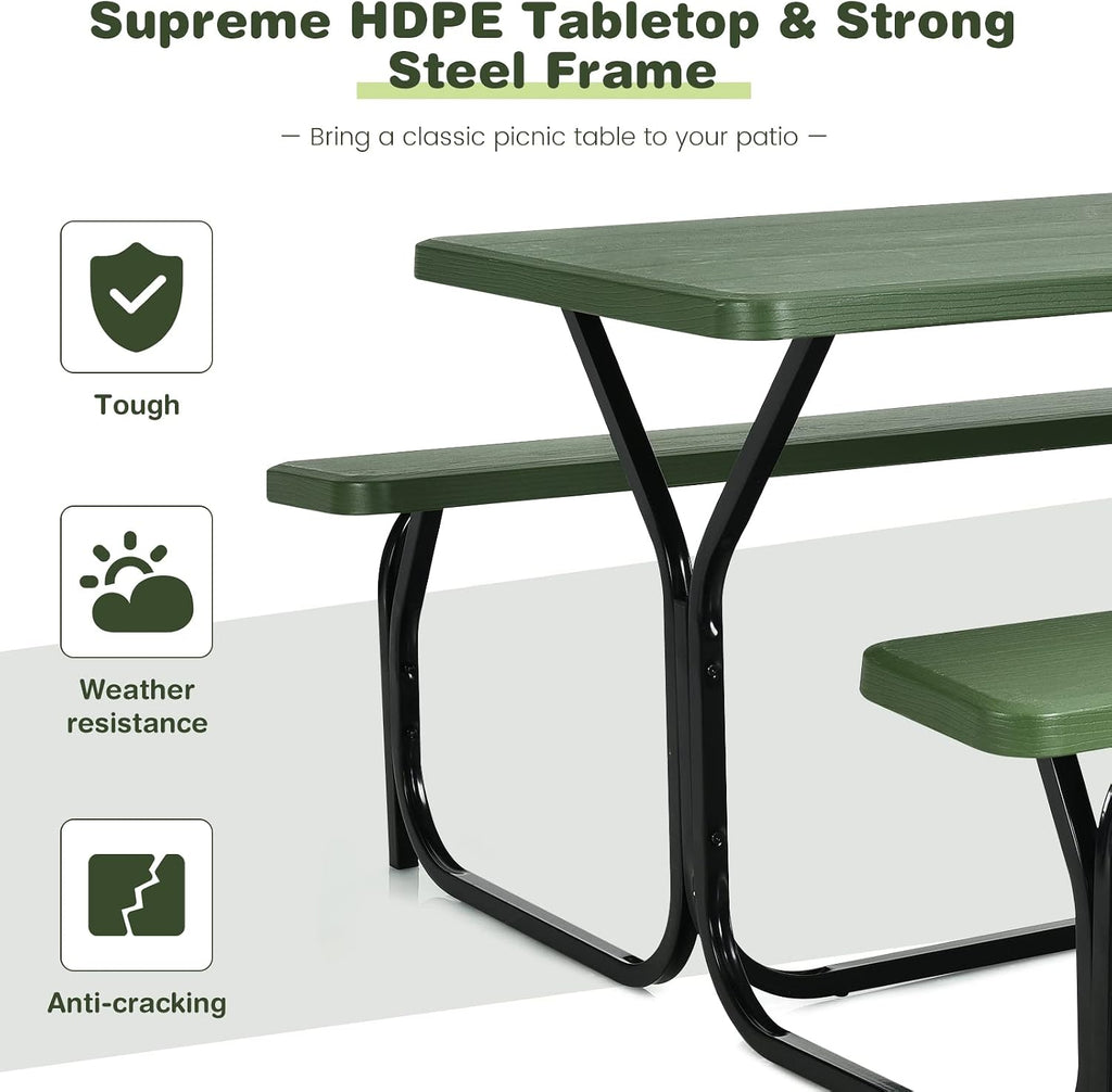 Tangkula Picnic Table Bench Set, Outdoor Picnic Table with 2 Benches, Metal Camping Table with Plastic Wood-Like Texture Tabletop & Steel Frame, Ideal for Picnic, Party, Garden, Lawn (Green)