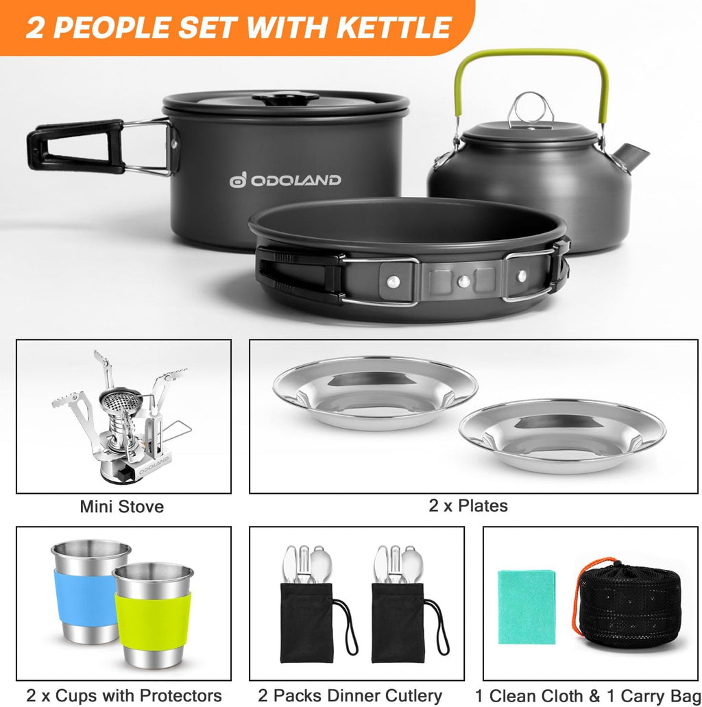 Odoland 16pcs Camping Cookware Mess Kit, with Folding Camping Stove