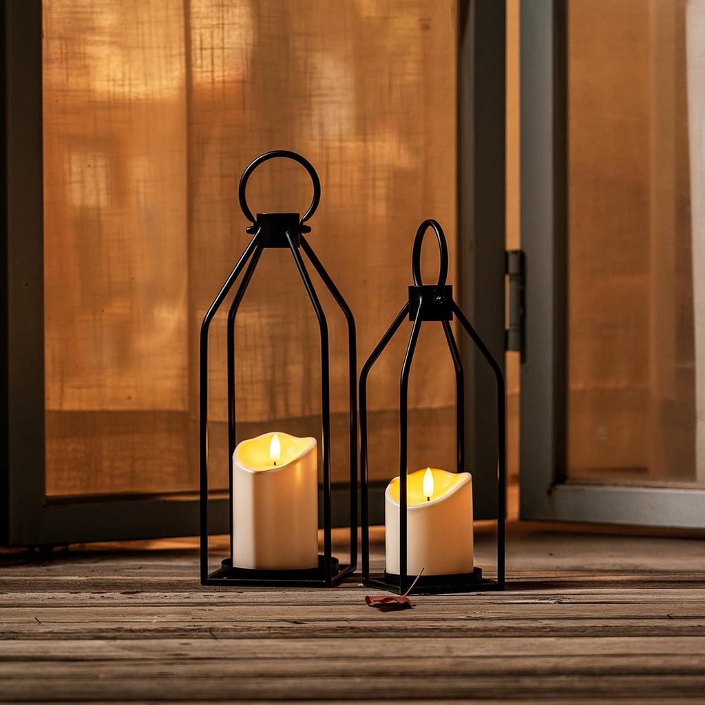 Homemory Modern Farmhouse Black Metal Lanterns 2PCS with Flameless Candle