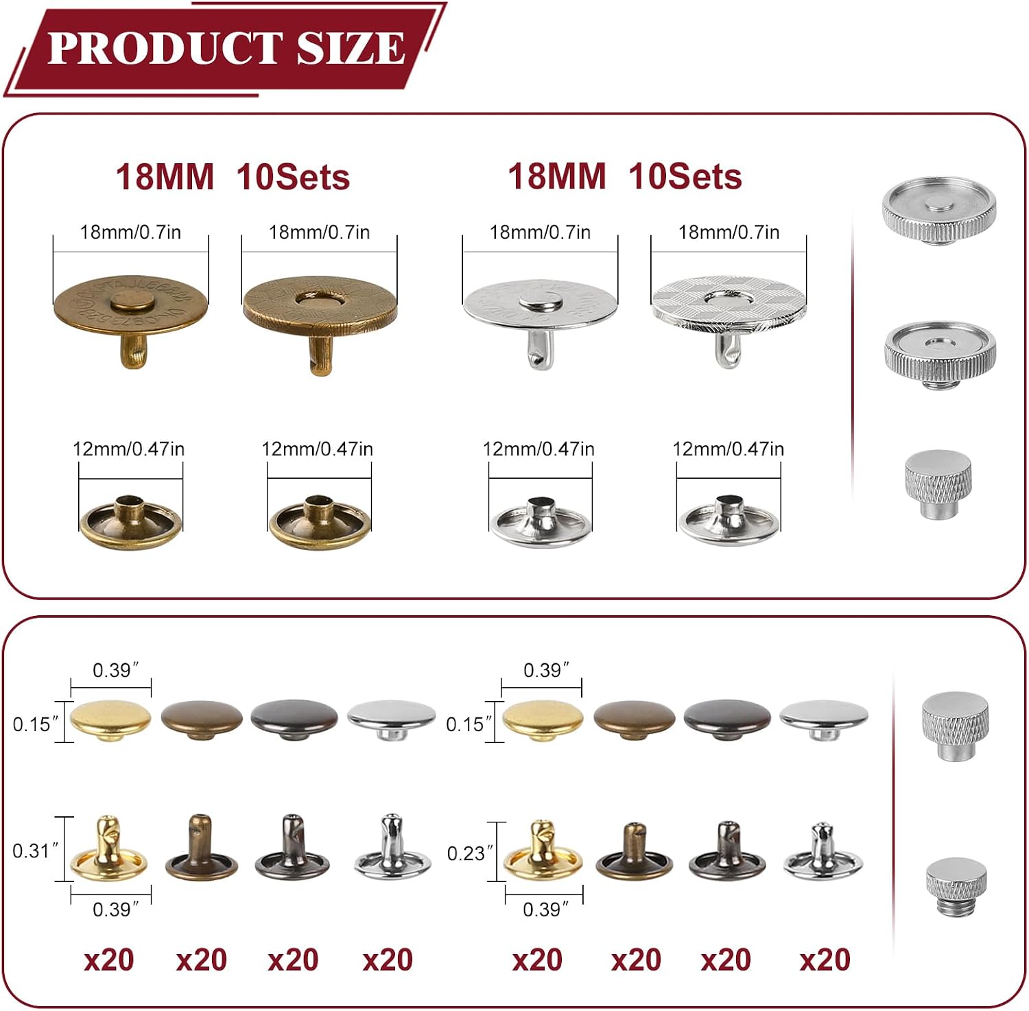 160 Set Rivets for Leather Crafting and 20 Set Magnetic Buttons, 4 Colors 10 MM Double Cap Rivets & 18 MM Magnetic Snaps for Purses and Totes with Snap Fasteners Tool, for Leather, Boots, Belt