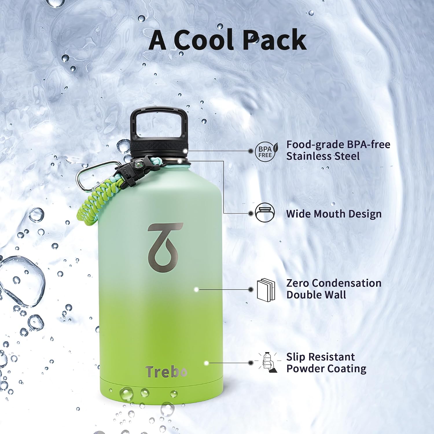 Trebo One Gallon Water Bottle Insulated with 3 Lids, Paracord Handle & Bag