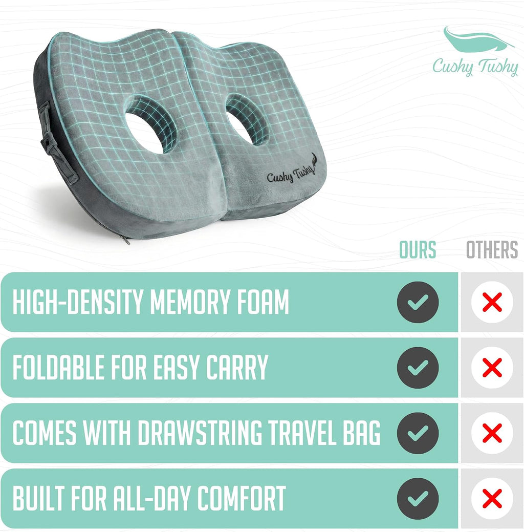 Cushy Tushy Seat Cushion | Premium Foldable Sit Bone Cushion for Pressure Relief, Hip, Hamstrings & Sciatica Comfort | Butt Pillow | Ergonomic Ischial Tuberosity Support for Home, Office & Driving