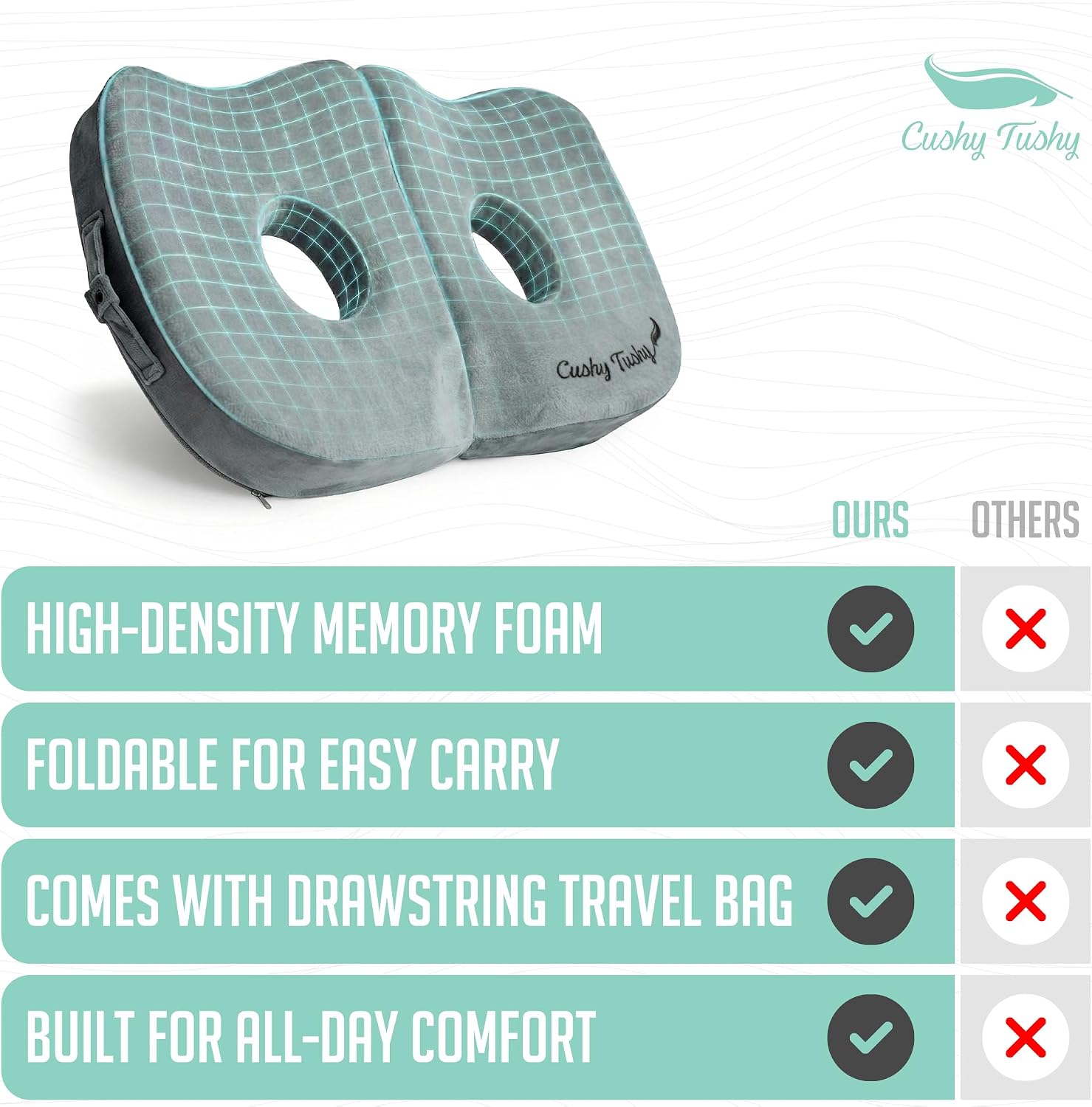 Cushy Tushy Seat Cushion | Premium Foldable Sit Bone Cushion for Pressure Relief, Hip, Hamstrings & Sciatica Comfort | Butt Pillow | Ergonomic Ischial Tuberosity Support for Home, Office & Driving