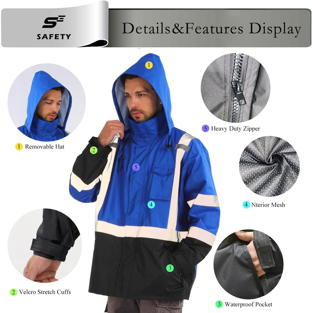 sesafety Hi Vis Rain Jacket, Rain Suits for Men Waterproof withBlack Bottom