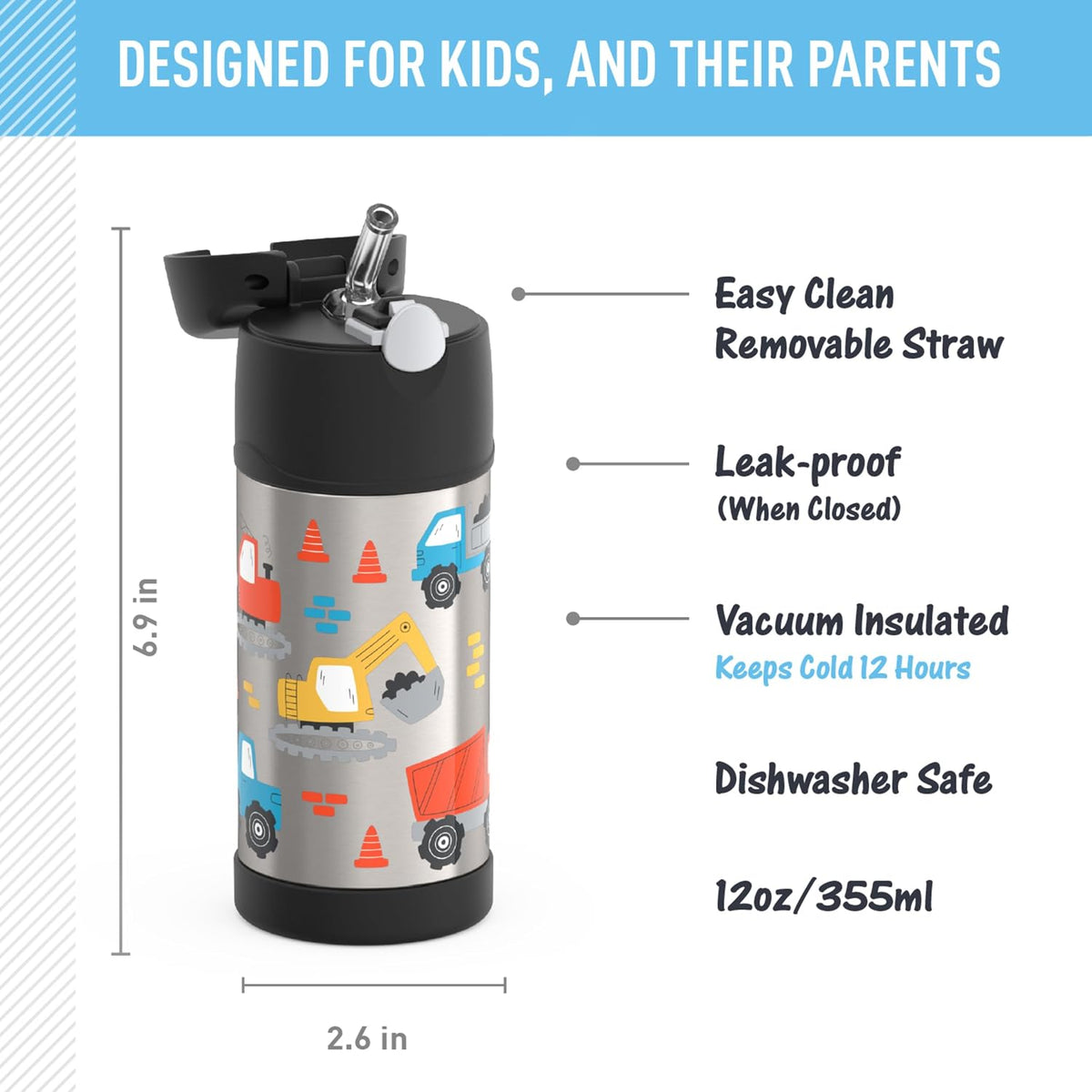 THERMOS FUNTAINER Water Bottle with Straw, 12oz, Construction Site