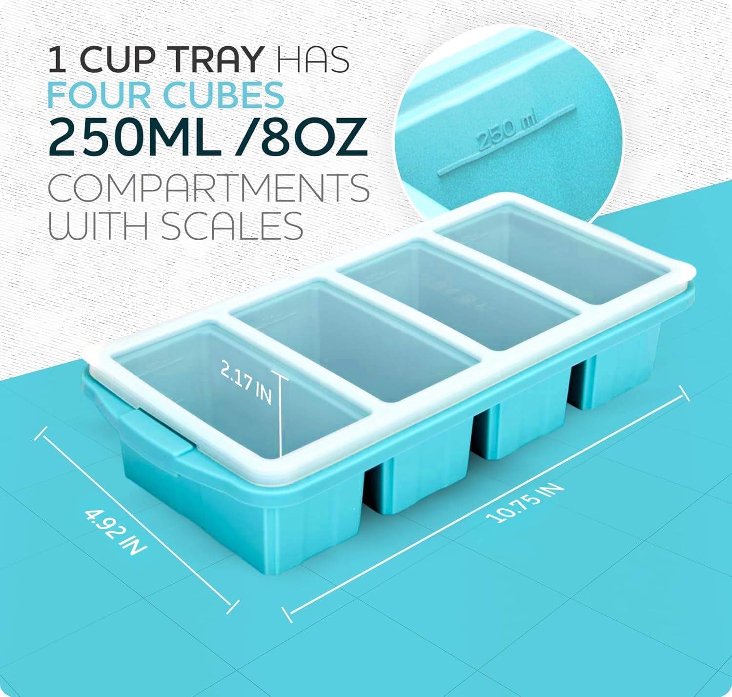 XOMOO Silicone Freezer Tray With Lid - Soup Freezer Container molds - Large Ice Cube Tray- makes 8 perfect 1 cup portions cubes, 2-Pack Freezer Storage Food Soups & Meal Prep - Oven & Dishwasher -Safe