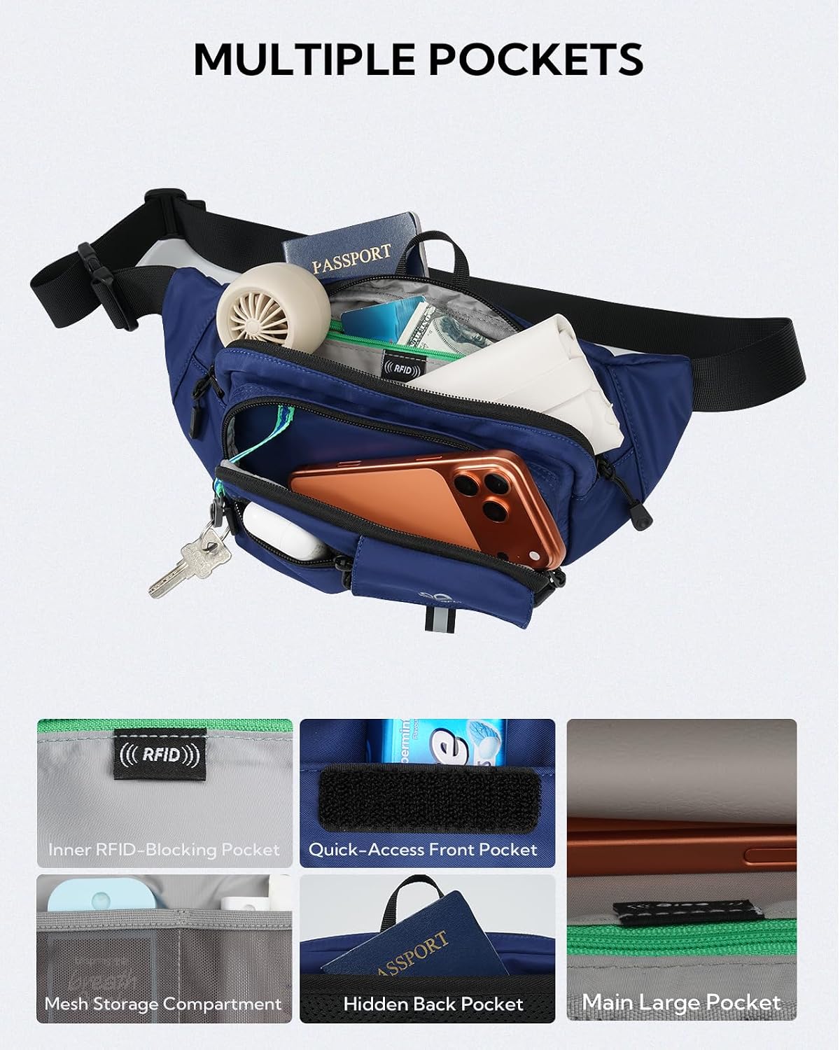 WATERFLY Fanny Pack Waist Bag: 3L Large RFID Anti-Theft with 9 Pockets