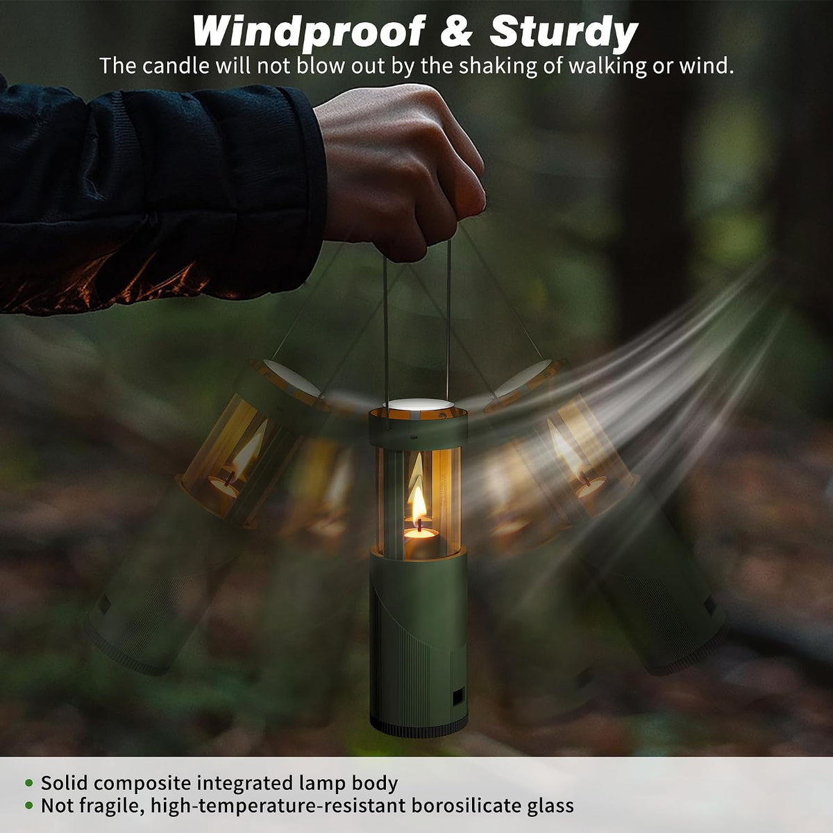 Mini Candle Lantern for Real Candles, 15H Camping Emergency Light, Green