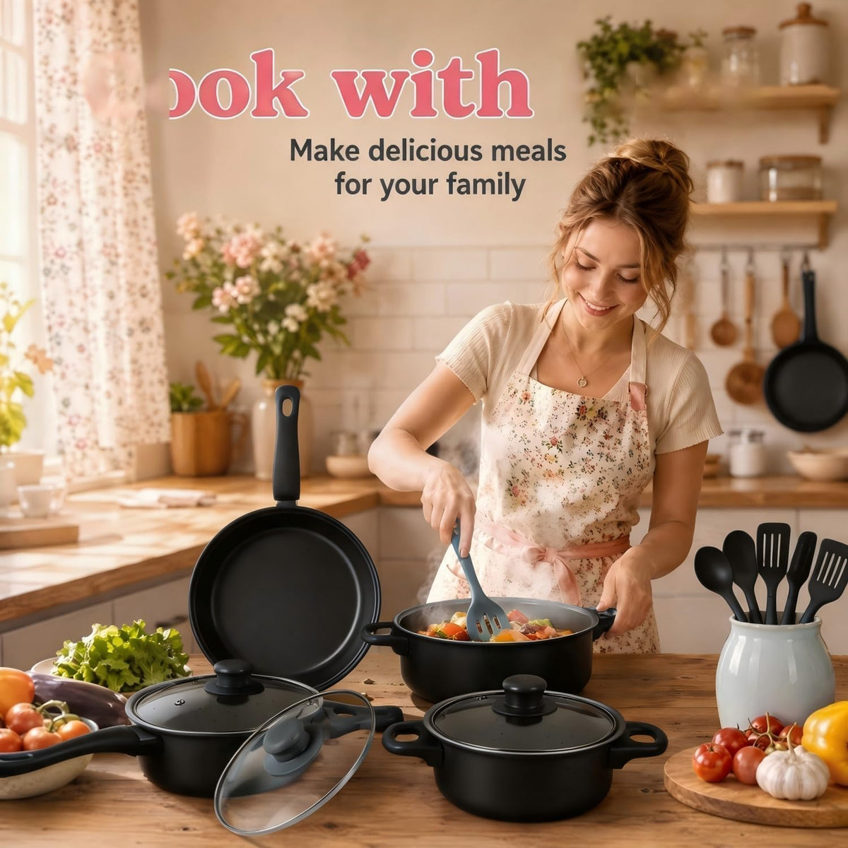 12-Piece Non-Stick Maifan Stone Cookware Sets with Pots, Pans & Lids Set
