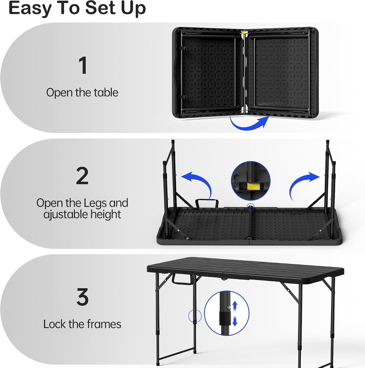 VSOAEIL 4 FT Folding Table 2 Pack Plastic Foldable Table Adjustable Height