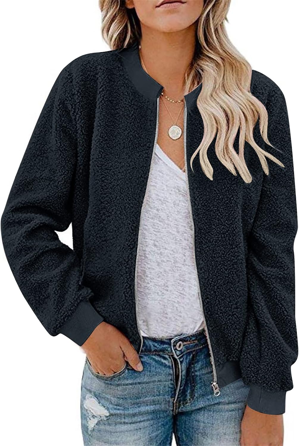 MIROL Women's Fall Fleece Bomber Jacket Trendy Sherpa Winter Coat Fuzzy Casual Long Sleeve Zip Up Loose Fit Jackets