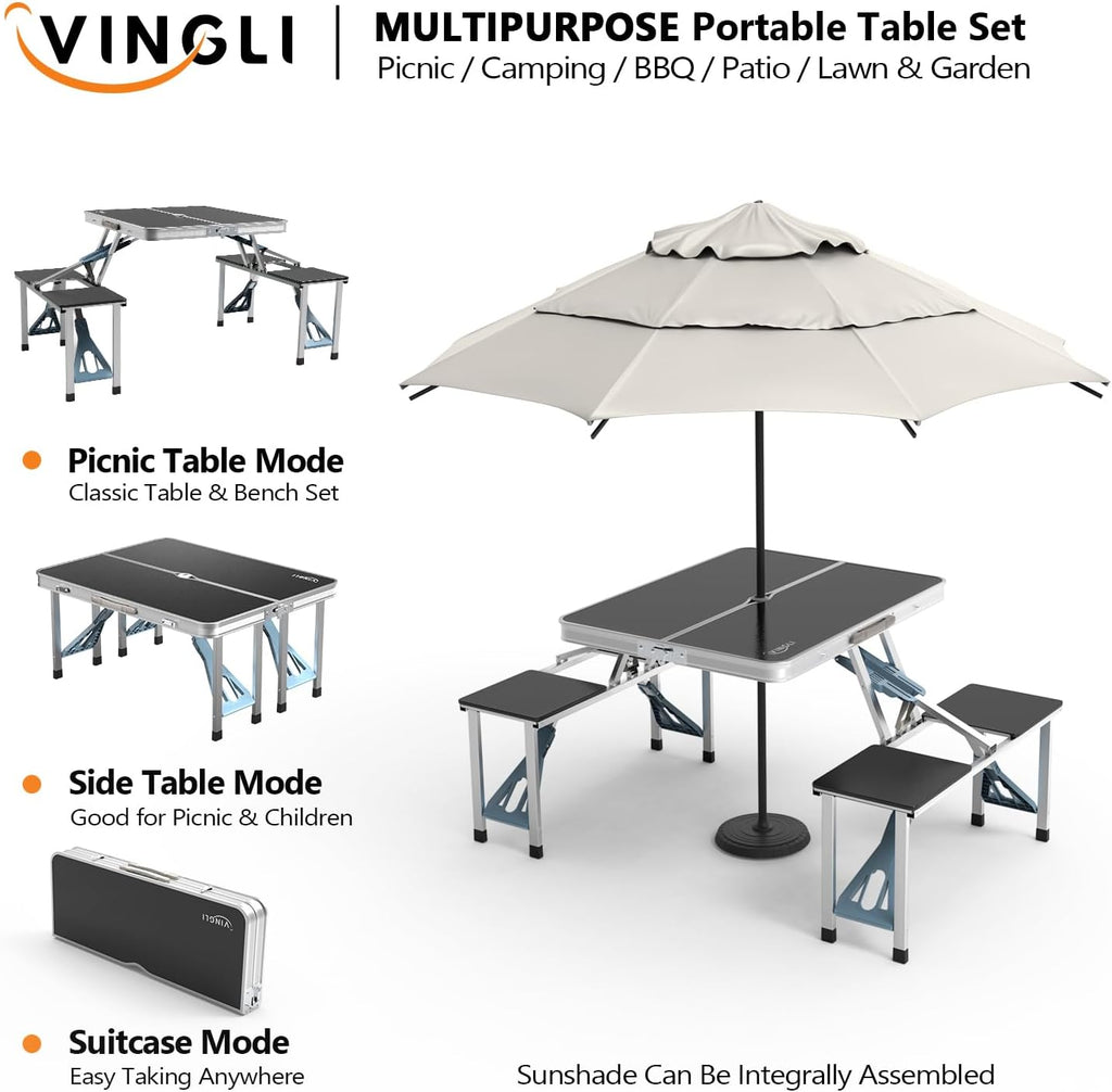 VINGLI 4Ft Portable Folding Picnic Table Camping Table Foldable Set with 4 Seats with Umbrella Hole Suitcase Card Table-220 Lbs Support Aluminum Frame, Plastic RV Tabletop for Yard, Travel-Blue