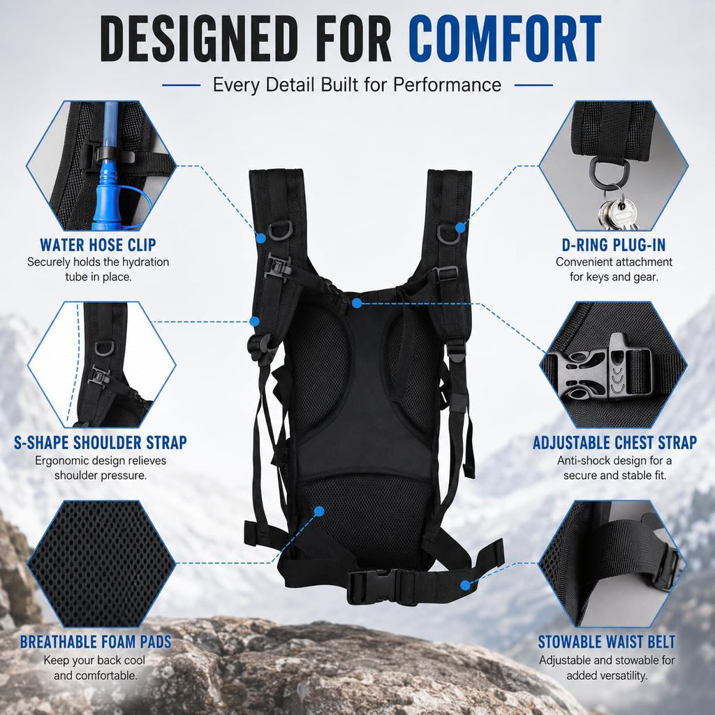 Tactical Hydration Backpack 2L Water Bladder - Lightweight Durable Pack for Hiking, Running, Outdoor Adventures, Adjustable Straps & Leak-Proof Design