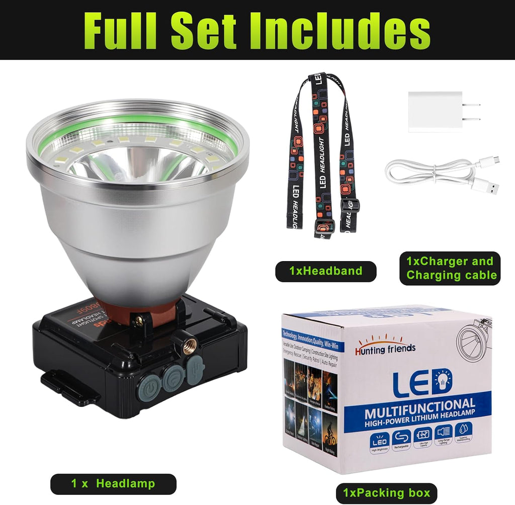 Rechargeable LED Headlamp with Flood and Spot Beam, Power Display, 5 Lighting Modes, Ultra Bright High Lumen Waterproof Head Torch for Camping, Hiking, Running, Fishing, Hunting, Outdoor Activities