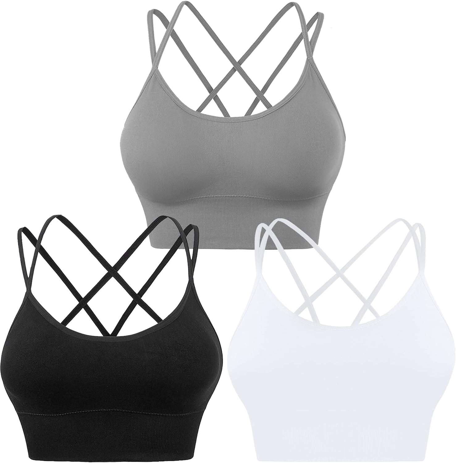 Women's Cross Back Sport Bras, Padded Strappy Seamless Low Impact 3-5 Pack