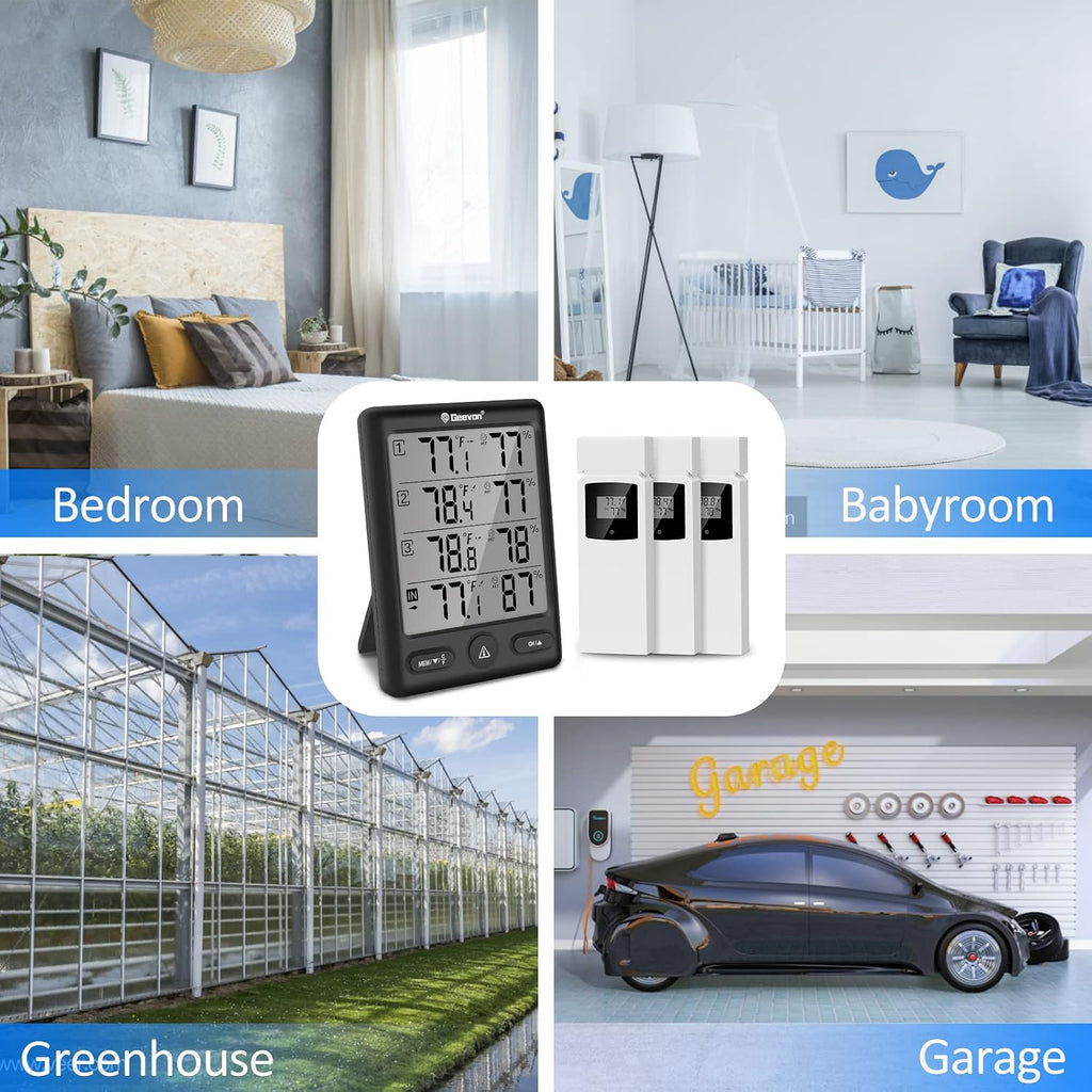 Geevon Indoor Outdoor Thermometer Wireless with 3 Remote Sensors, Digital Hygrometer Thermometer, Wireless Temperature Humidity Monitor Gauge with 200FT/60M Range