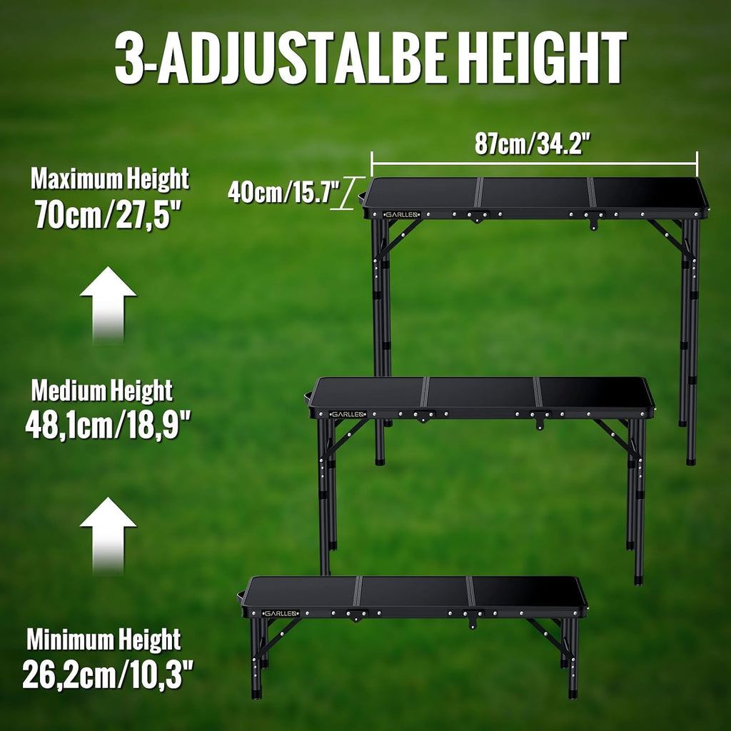 GARLLEN Folding Camping Table 34.2" Lx15.7 W, 3 Adjustable Height Max 27.5"