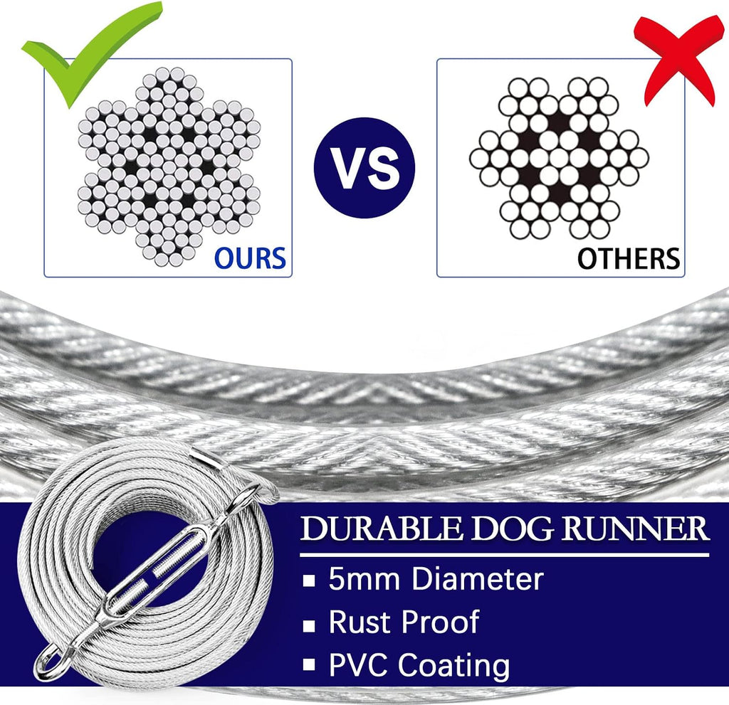 Dog Tie Out Runner for Yard,Trolley System for Large Dogs,Heavy Duty Dog Run Cable Lead 50ft with 10ft Pulley Runner Line for Small Medium and Large Dogs Up to 250lbs Running Outside Yard or Camping