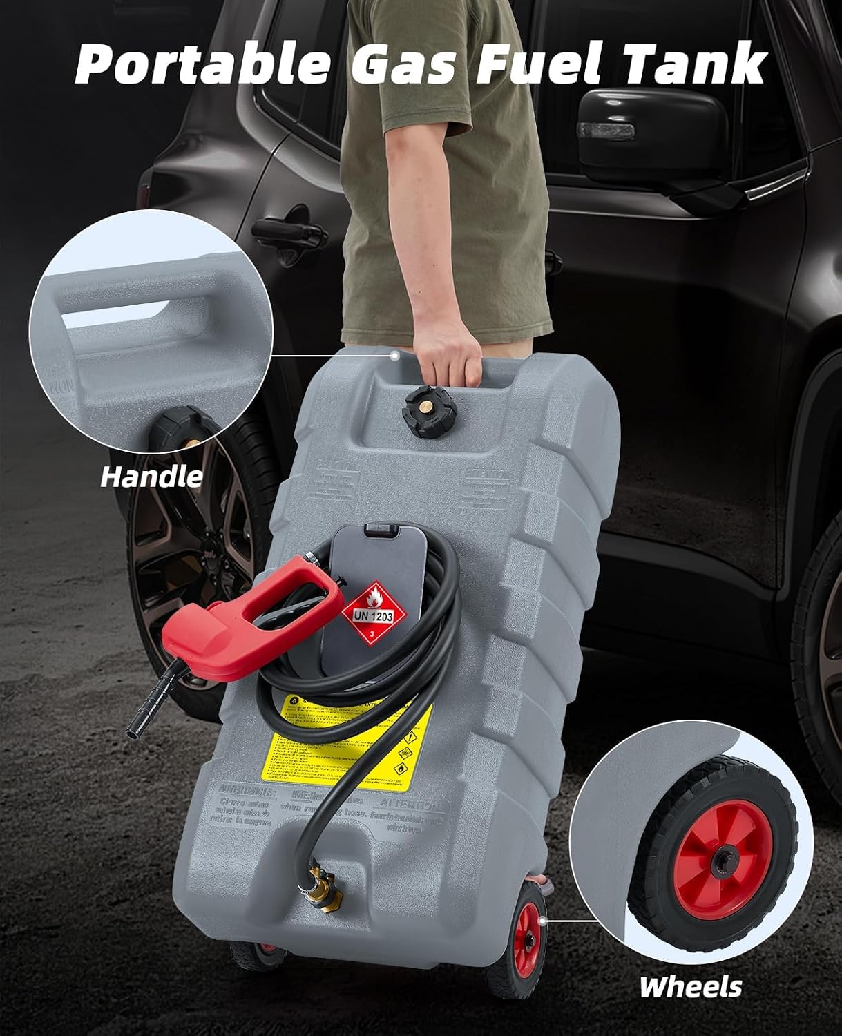 15 Gallon Gas Can, Fuel Transfer Tank, Portable Fuel Tank With Pump, Portable Gasoline Tank On Wheels With Le Fluid Transfer Siphon Pump and 10-Inch Hose, for Cars, Boats, Lawnmowers, ATVs, Tractor