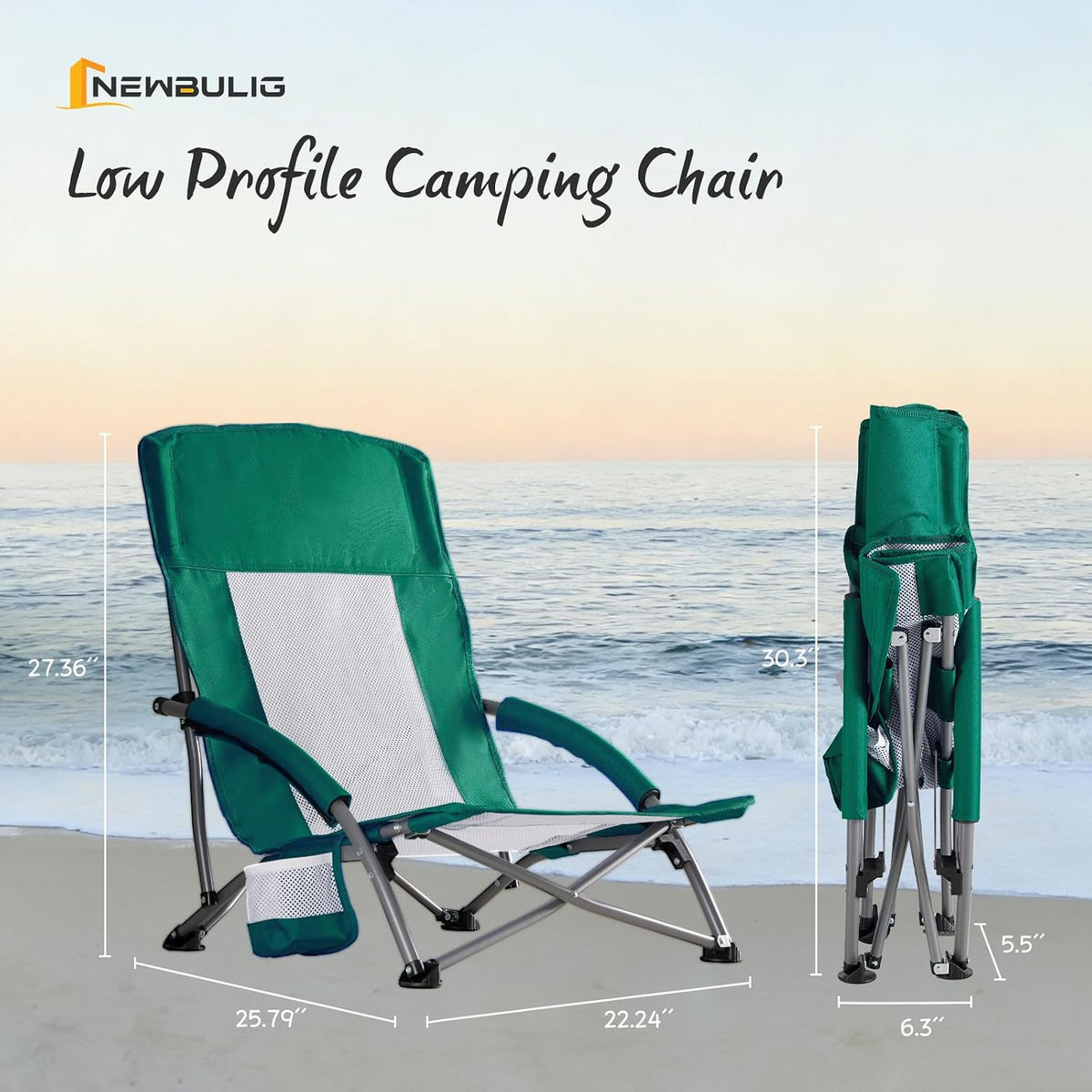 NEWBULIG Low Beach Chair, Folding Camping Chairs, Green