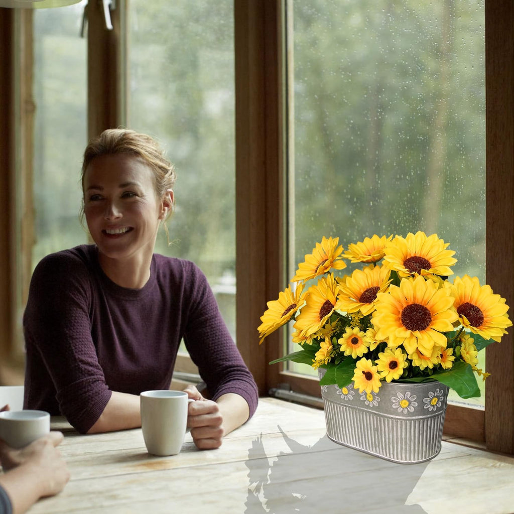 Artificial Flowers Fake Sunflowers in Pot, Faux Silk Flowers Floral Table Centerpiece Decoration, Rustic Potted Greenery for Farmhouse Home Décor