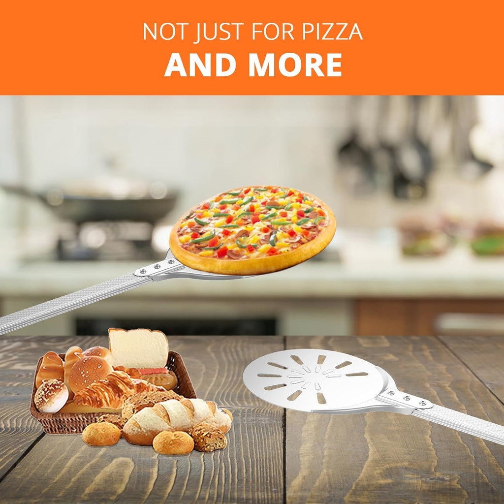 Pizza Turning Peel, 8-inch Pizza Peel Turner Spinner with Non-Slip Long Handle & Silicone Hanging Hook, Essential Pizza Oven Accessories for Outdoor & Indoor Baking, Even Crispy Crust Every Time