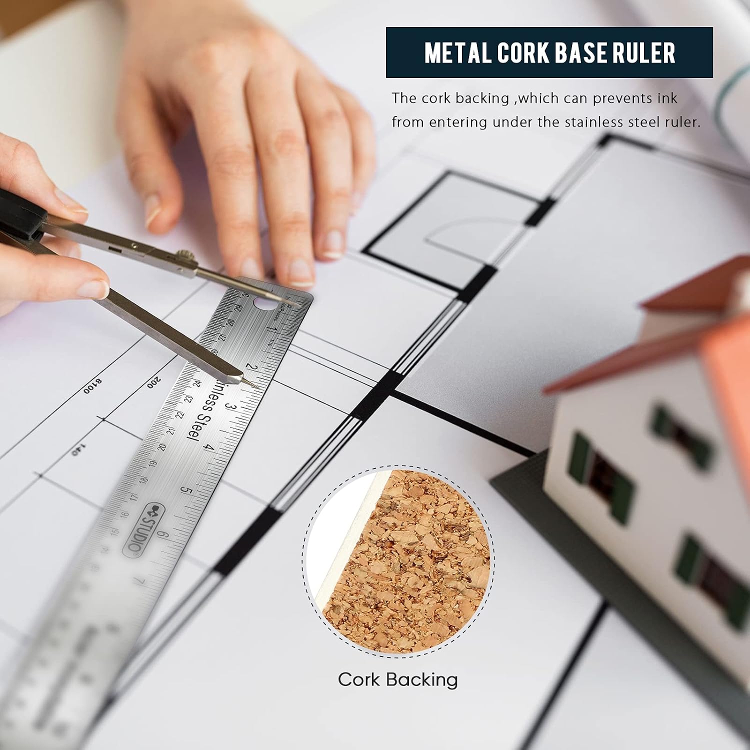 Frienda 2 Pcs Metal Ruler Cork Backed 12+18 Inch Non-Slip Straight Edge