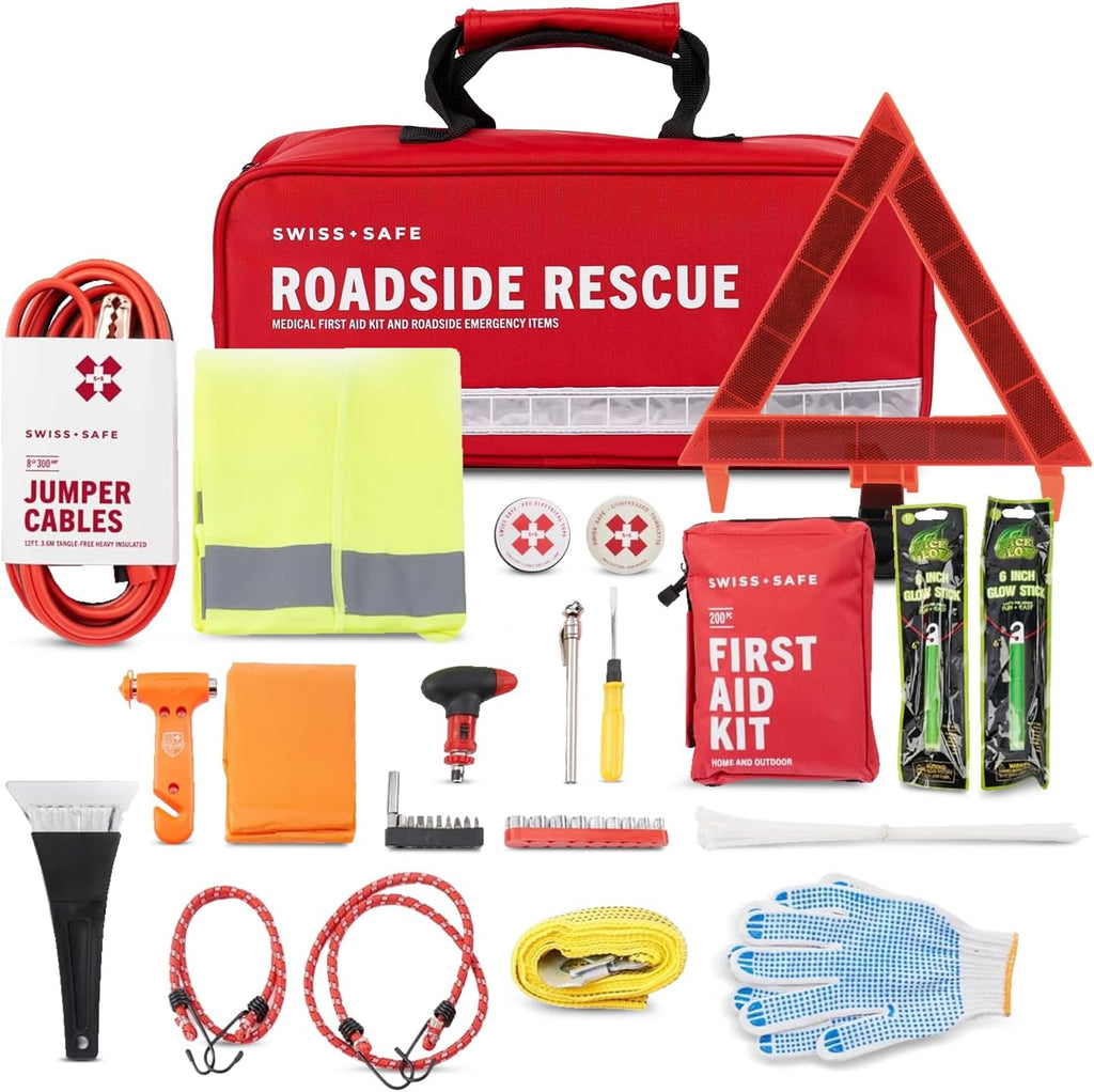 Swiss Safe 233-Pcs Car First Aid Kit Essentials, Jumper Cables & Mini Kit
