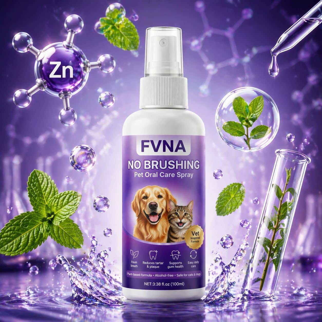 FVNA No Brushing Pet Oral Care Spray, Breath Freshener & Teeth Cleaning Pet Dental Care Spray for Dogs & Cats, Reduce Plaque & Tartar, Supports Gum Health,Daily Dental Care for Pets