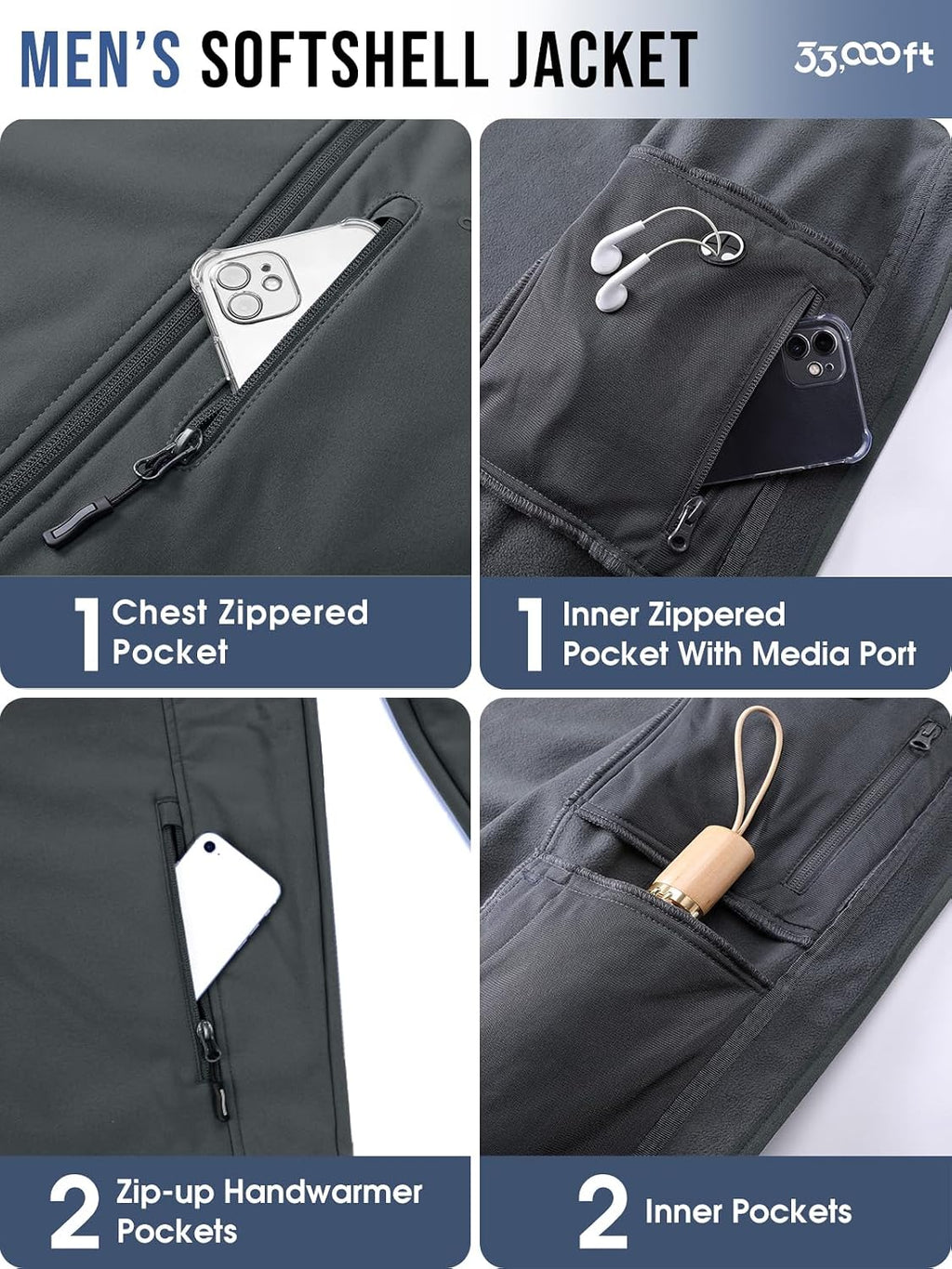 33,000ft Men's Hooded Softshell Jacket Waterproof Fleece Windbreaker Jacket