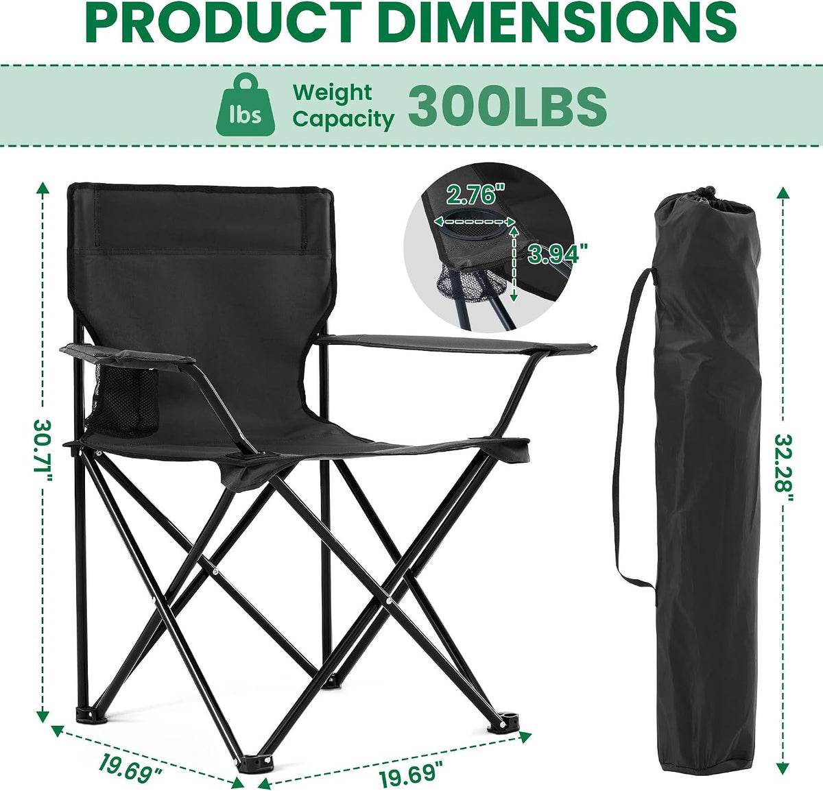 4 Pack Folding Camping Chairs for Adults, Foldable Portable Lawn Chairs with Carry Bag & Cup Holder, Compact Design for Camp,Beach, Picnics,and Fishing Supports 300LBS（Black）