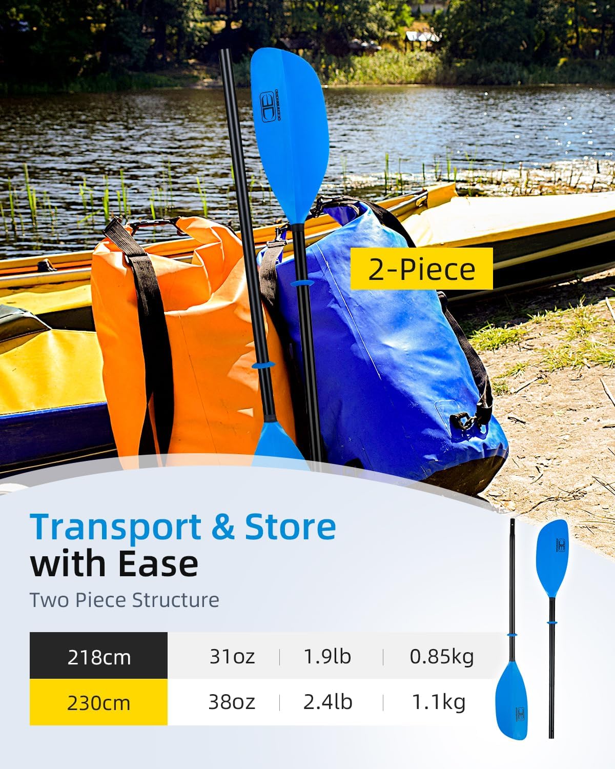 OCEANBROAD Kayak Paddle 86in/218cm, 90.5in/230cm Alloy Shaft 2-Piece Floatable Kayak Oar for Kayaking Canoeing Boating