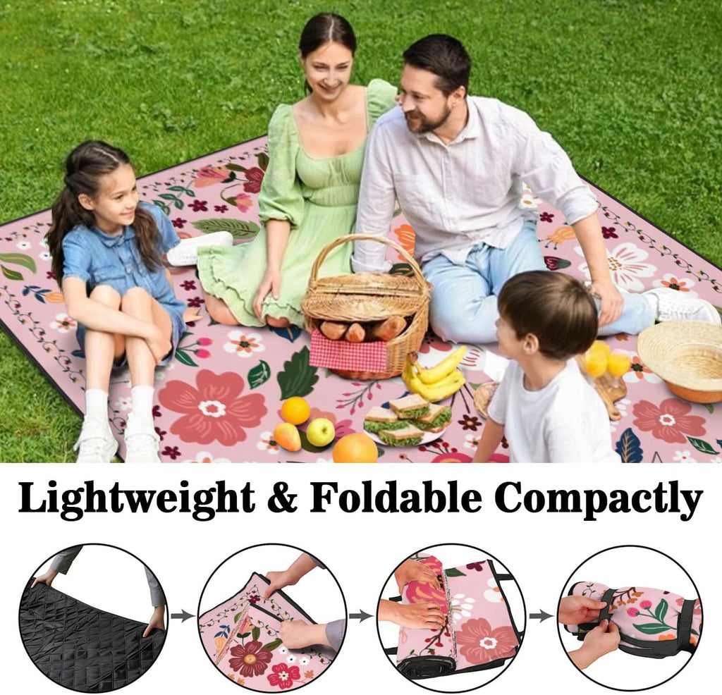 Picnic Blankets Waterproof Foldable Extra Large,80"x 80" Outdoor Beach Blanket Sandproof,3-Layer Lightweight Handy Mat Tote Picnic Camping Rugs for Outside Your Rv (Boho Vintage Floral Pink)