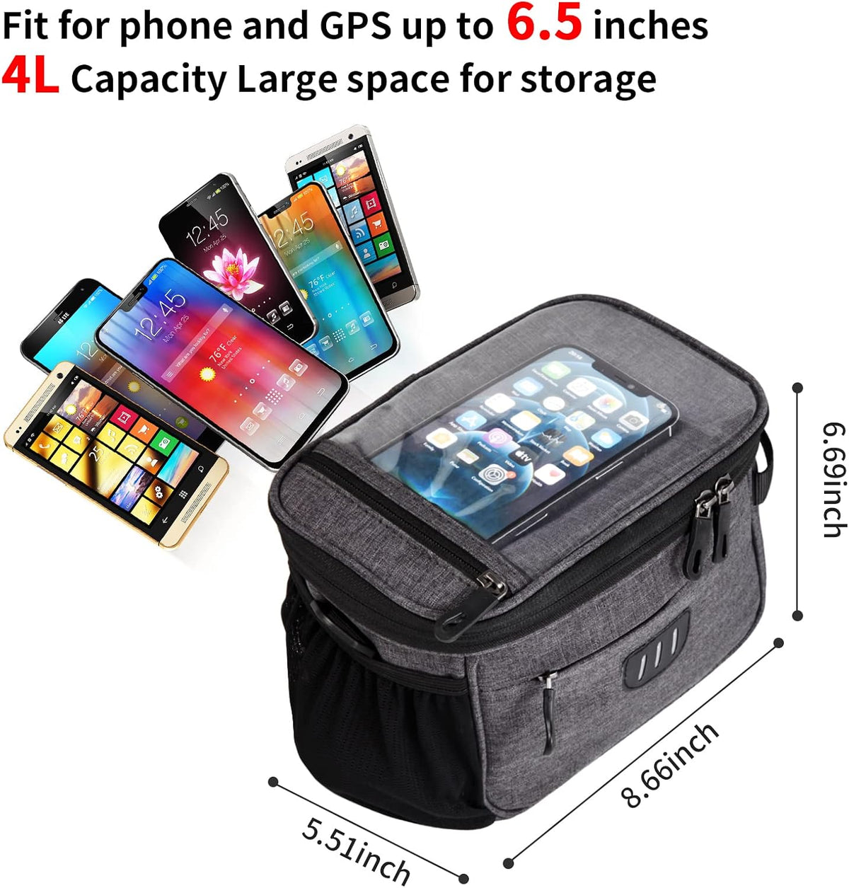 Bike Handlebar Bag,Large Bicycle Front Storage Pouch Bag,6.5 inch Transparent Pouch with Shoulder Strap