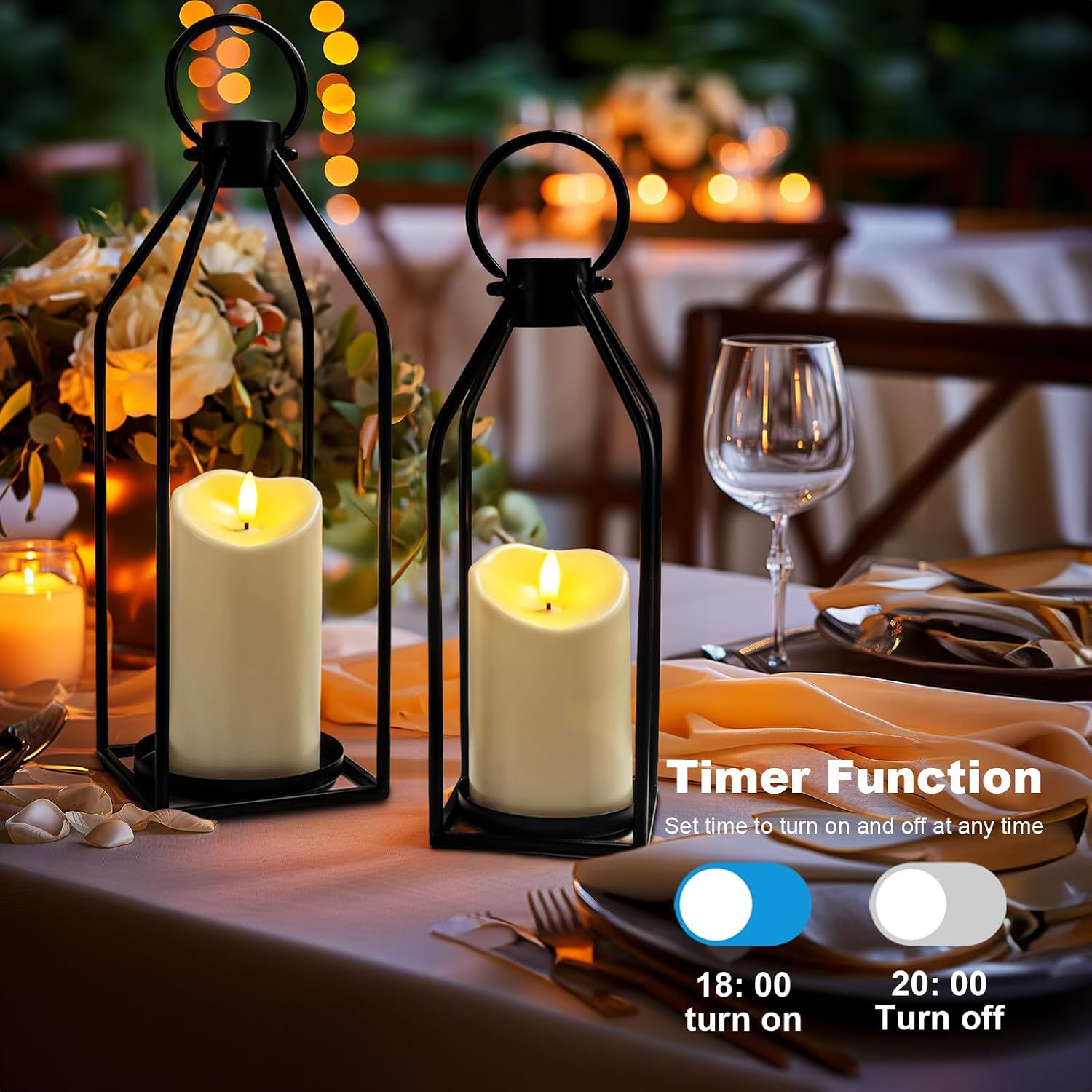 Homemory Modern Farmhouse Black Metal Lanterns 2PCS with Flameless Candle
